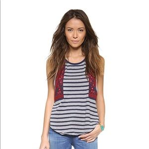 Free people grey/blue strip T with red/blue design